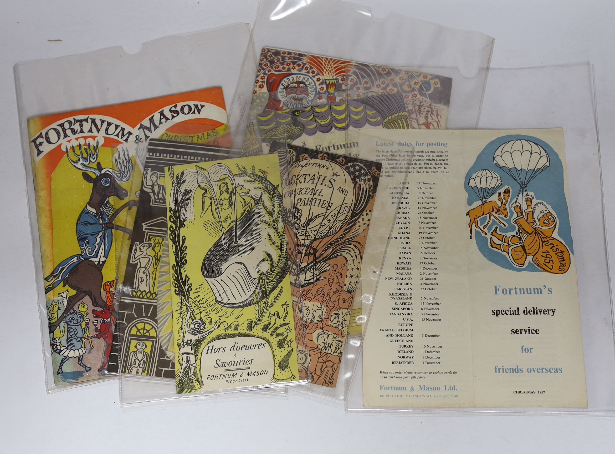 Bawden, Edward (illustrator) - Fortnum & Mason Christmas catalogues for 1955/56; 1958, Fortnum’s Christmas Pantomime catalogue, 1957; The Delectable History of Fortnum & Mason, 1st edition, 1957,[the telephone number Reg